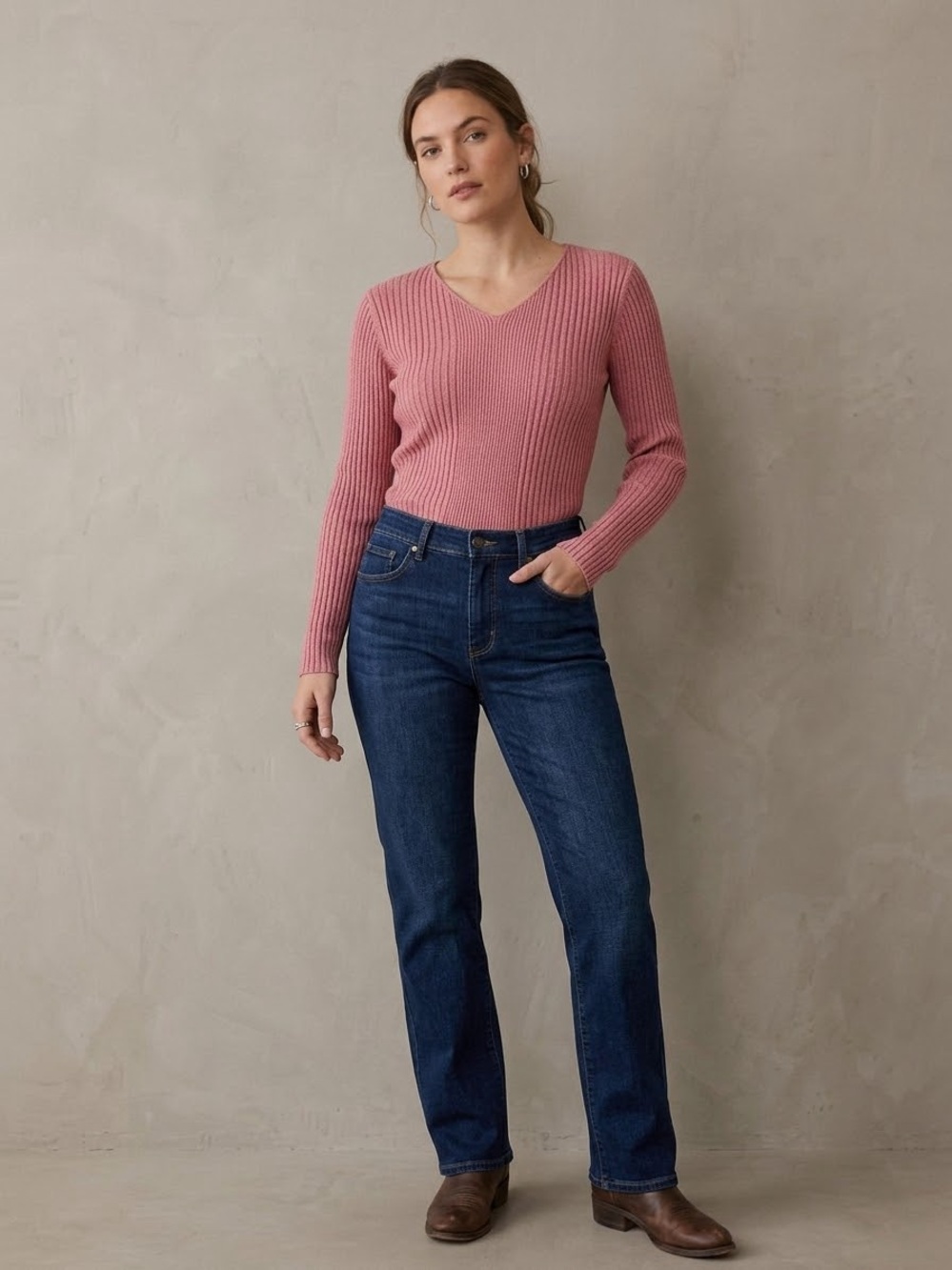 Valerie Stevens Pink Ribbed V-Neck Sweater Size M 100% Cotton Long Sleeve